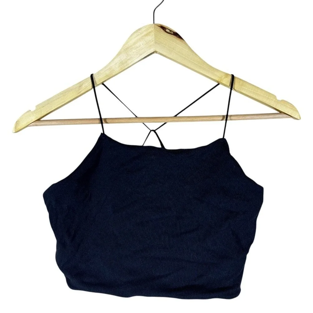 Nike Dri-FIT Ribbed Solid Crop Top Black Sporty Crisscross Back Strappy Size S